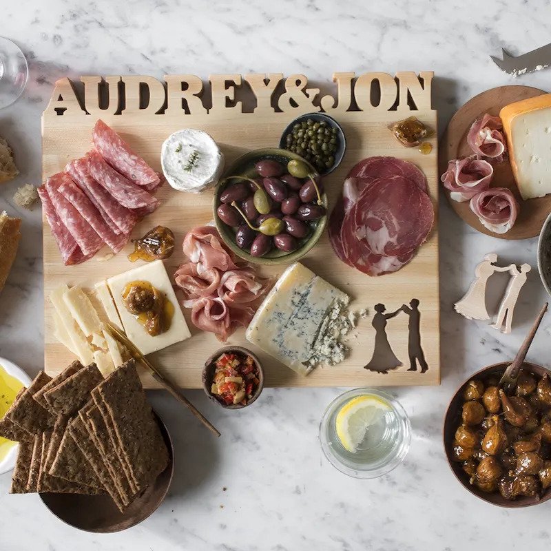 overhead: first dance personalized cutting board with charcuterie and cheese