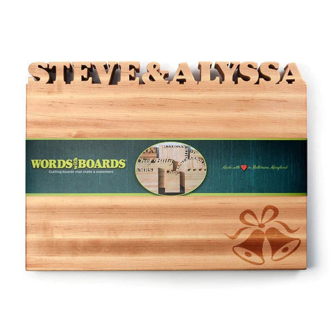 Rectangle Maple Cutting Board with Names Steve & Alyssa Carved out at the top and Wedding Bells etched in the bottom right corner.