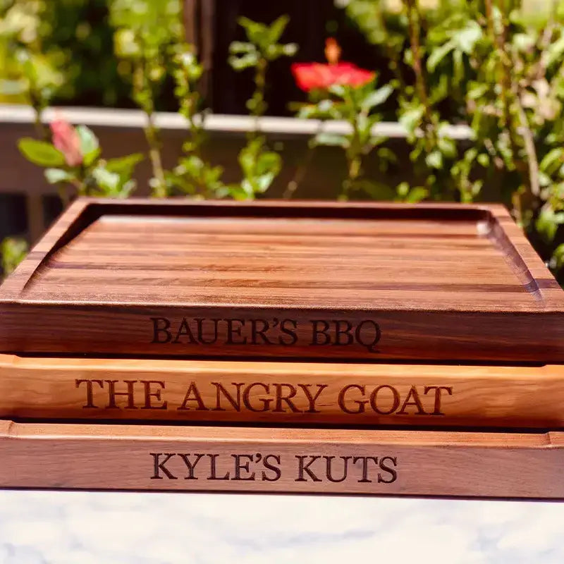 personalized meat cutting board, with sloped design, cherry wood