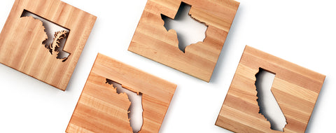 Four Wooden Trivets showing Texas, Maryland, Florida and California