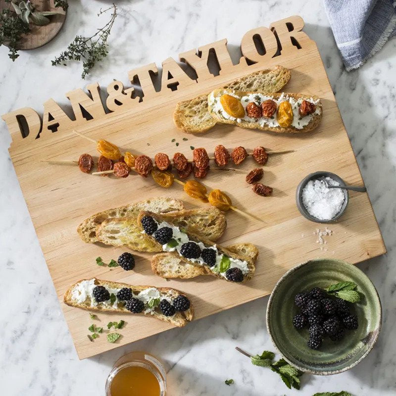overhead: large personalized cutting boards with toast