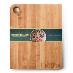 Light Wood Kosher vertical rectangle wood cutting board with the word Meat engraved in the top around a hanging hole in top left corner and Kosher engraved on the bottom.